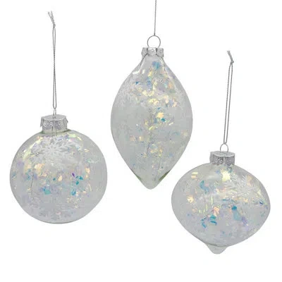 Kurt Adler 90mm Glass Iridescent Snowflake Ball, Finial, And Onion 3-piece Ornament Set In White