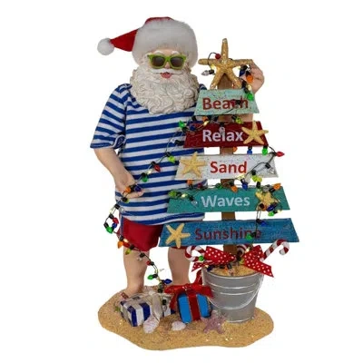 Kurt Adler Battery Operated Fabriche Christmas Figurine, Beach Santa With Lighted Sign, 10.5in In Multicolored