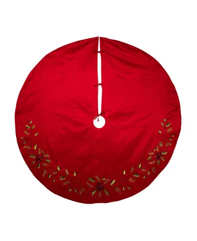 Kurt Adler 72-inch Red Dupion Tree Skirt With Multi Sequin Poinsettia