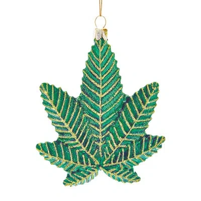 Kurt Adler Glass Ornament For Christmas Tree, Cannabis Leaf In Green