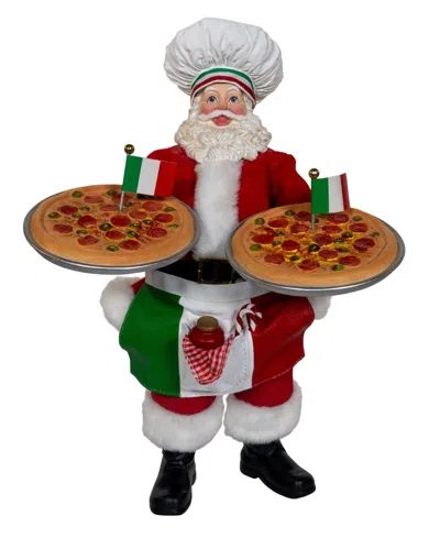 Kurt Adler 11-inch Fabriche Chef Santa Holding Two Trays Of Pizza In Red