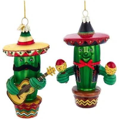 Kurt Adler Noble Gems Glass Cactus With Sombrero Christmas Ornament, Assortment (pack Of 2) In Multicolor