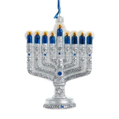 Kurt Adler Noble Gems Glass Christmas Ornament, New Hanukkah Menorah In Silve,blue,gold