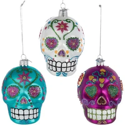 Kurt Adler Noble Gems Sugar Skull Glass Christmas Ornaments, Assorted (pack Of 3) In Multicolor