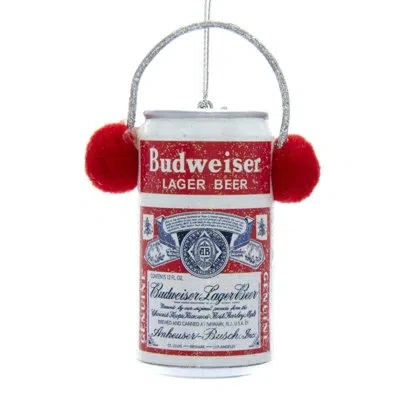 Kurt Adler Plastic Ornament For Christmas Tree, Budweiser Can With Ear Muffs In Red