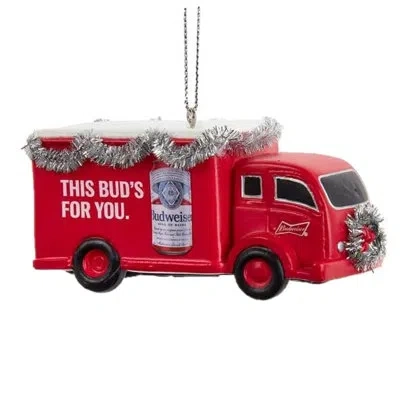 Kurt Adler Plastic Ornament For Christmas Tree, Budweiser Red Truck With Garland In Multicolored