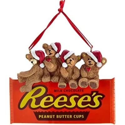 Kurt Adler Plastic Ornament For Christmas Tree, Chocolate Bears On Reese's Chocolate In Brown