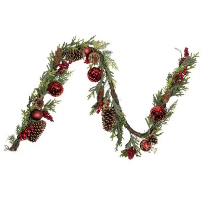 Kurt Adler Rattan Christmas Artificial Garland With Red Ornaments, 6ft In Multicolored