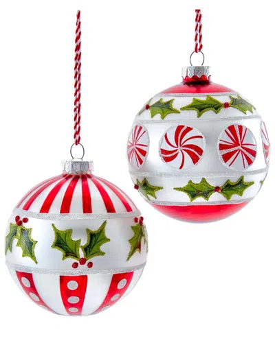 KURT ADLER KURT ADLER SET OF 2 100MM GLASS PEPPERMINT AND HOLLY BALL ORNAMENTS
