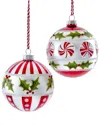 Kurt Adler Set Of 2 100mm Peppermint & Holly Glass Ball Ornaments In Multicolor