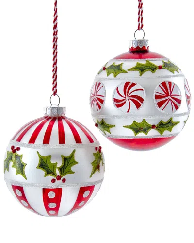 Kurt Adler Set Of 2 100mm Peppermint & Holly Glass Ball Ornaments In Multicolor