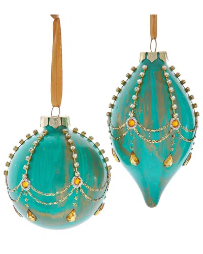 Kurt Adler 70-80mm Aqua/gold Ball/finial 2/a In Green
