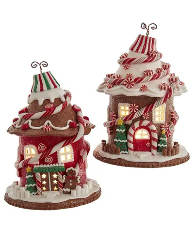 Kurt Adler Set Of 2 7.5in Candy Gingerbread House With C7 Bulb Ornaments In Multicolor