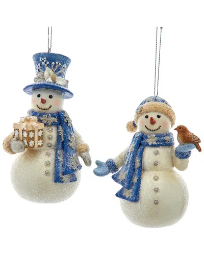Kurt Adler Set Of 2 Blue & Platinum Snowman Ornaments In Multi