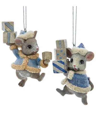 Kurt Adler Set Of 2 Blue Platinum Mice With Gift Boxes Ornaments In Gray