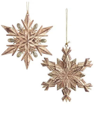 Kurt Adler Set Of 2 Distressed Glittered Snowflake Ornaments In Brown