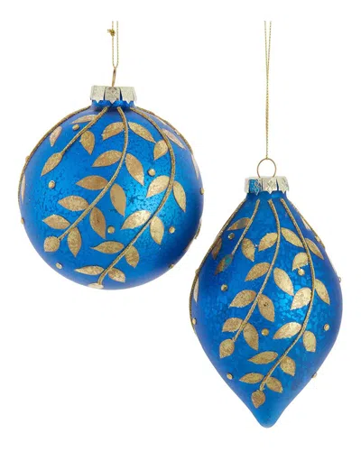 Kurt Adler Set Of 2 Glass Blue Ball & Finial With Gold Leaves Ornaments