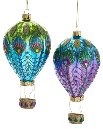 Kurt Adler Set Of 2 Glass Peacock Hot Air Balloon Ornaments In Multi