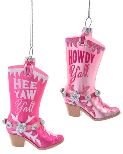 Kurt Adler Set Of 2 Glass Pink Cowboy Boots Ornaments