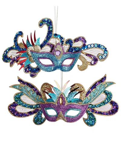 Kurt Adler Set Of 2 Glittered And Sequined Carnival Mask Ornaments In Multi