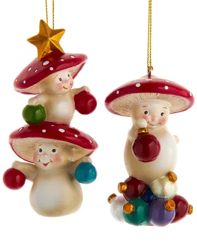 Kurt Adler Set Of 2 Merry Little Mushroom Holding Multicolor Christmas Ball Ornaments