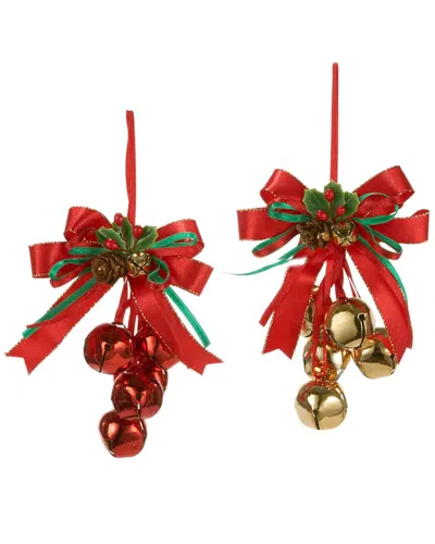 Kurt Adler Set Of 2 Metal Red And Gold Bells With Bow Ornaments
