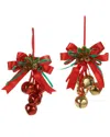 Kurt Adler Set Of 2 Metal Red And Gold Bells With Bow Ornaments In Red