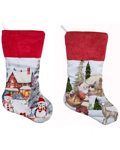 Kurt Adler Set Of 2 Penguin & Santa Velvet Stockings Ornaments In Multi