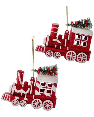 Kurt Adler Set Of 2 Peppermint Stripe Locomotive Ornaments In Multi