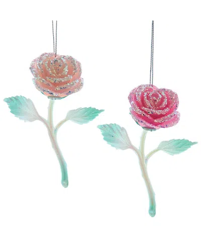 Kurt Adler Set Of 2 Pink Rose Ornaments In Red