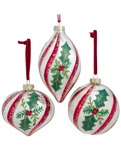 Kurt Adler Set Of 3 Balls With Holly Ornaments In Multi