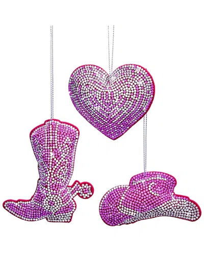 Kurt Adler Set Of 3 Bedazzled Collection™ Fabric Pink Western Ornaments In Purple