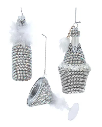 Kurt Adler Set Of 3 Bedazzled™ Glass Bottle & Martini Ornaments In Gray