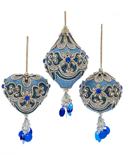Kurt Adler Set Of 3 Blue & Platinum Heart
