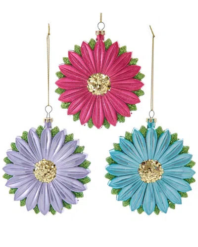 Kurt Adler Set Of 3 Colorful Daisy Ornaments In Multi