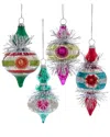 Kurt Adler Set Of 3 Glass Colorful Reflector Retro Finial With Tinsel Ornaments In Multi