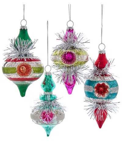 Kurt Adler Set Of 3 Glass Colorful Reflector Retro Finial With Tinsel Ornaments In Multi