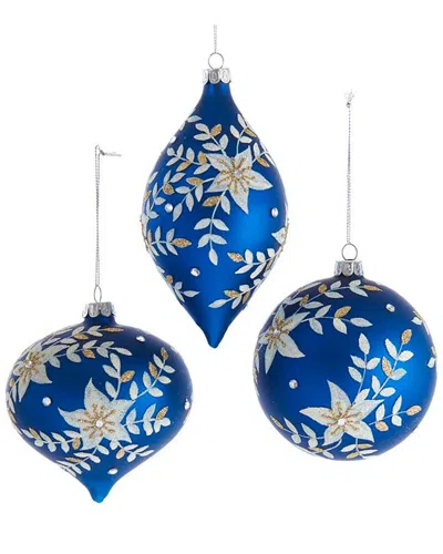 Kurt Adler Set Of 3 Glass Indigo Blue Ball