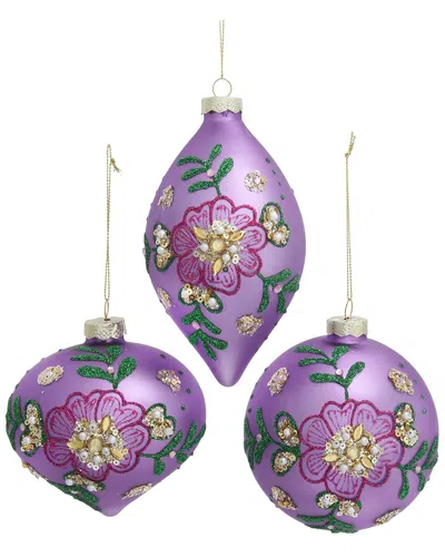 Kurt Adler Set Of 3 Glass Purple & Gold Ball