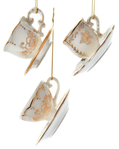 KURT ADLER KURT ADLER SET OF 3 JEWELED WHITE AND GOLD TEACUP ORNAMENTS