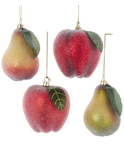 Kurt Adler Set Of 4 Glass Frosted Pear & Apple Ornaments In Multi