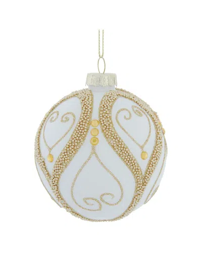 Kurt Adler Set Of 6 80mm Glass White Balls With Silver & Gold Beads & Gems Ornament In Blue