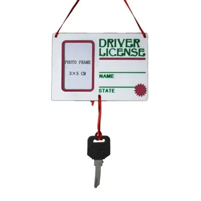Kurt Adler Wooden Picture Frame Ornament For Christmas Tree, Drivers License With Key In White