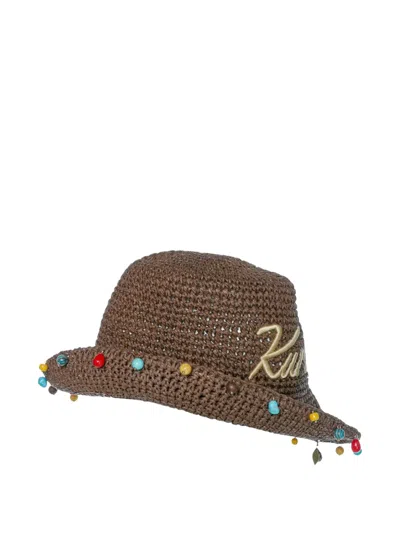Kurt Geiger Bead-embellished Woven-design Bucket Hat In Brown