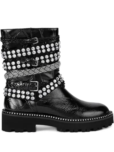 KURT GEIGER CRYSTAL-EMBELLISHED MULTI-STRAP BIKER BOOTS