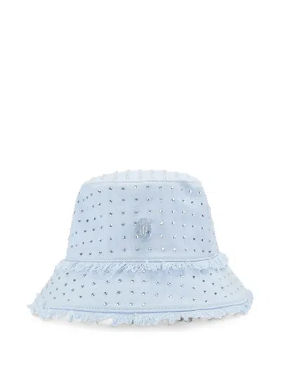 Kurt Geiger Crystal-embellished Frayed Bucket Hat In Blue