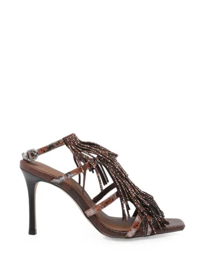 Kurt Geiger Crystal-embellished Fringed Heeled Sandals In Brown