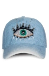 Kurt Geiger Evil Eye Denim Baseball Cap In Washed Blue