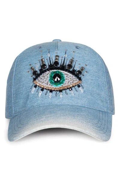 Kurt Geiger Evil Eye Denim Baseball Cap In Washed Blue