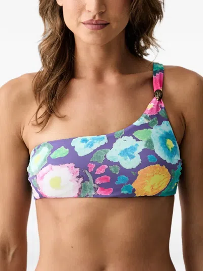 Kurt Geiger Floral-print One-shoulder Bikini Top In Purple